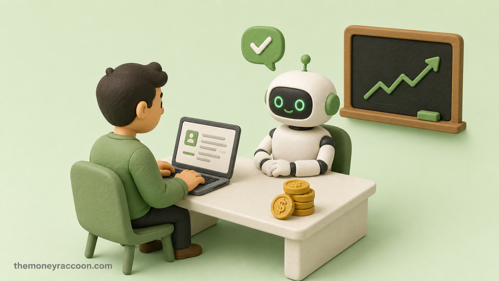 Get paid to train ai — person teaching a friendly robot at a desk while earning money
