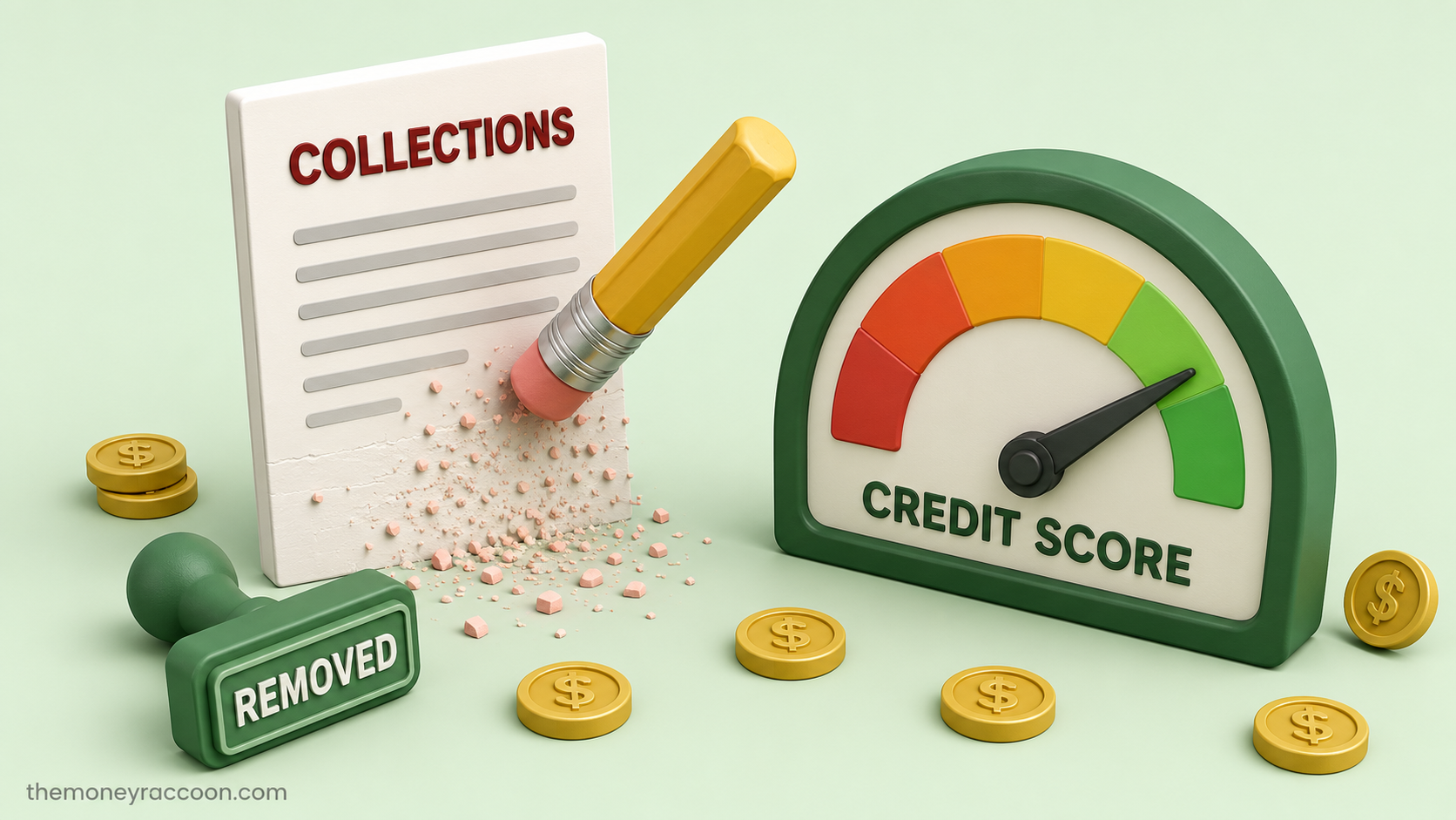How to remove collections from your credit report — collections file being erased and credit gauge turning green