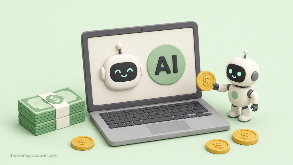 How to make money with ai — laptop with robot assistant generating content and dollar coins