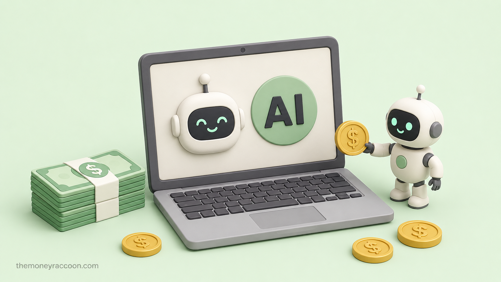 How to make money with ai — laptop with robot assistant generating content and dollar coins