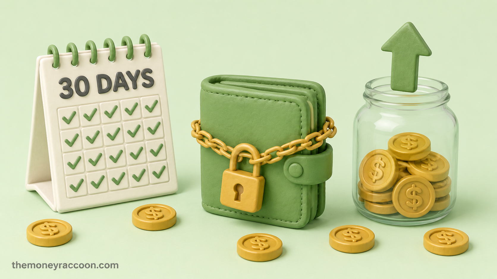 No spend challenge rules — calendar with 30 days checked off next to a locked wallet