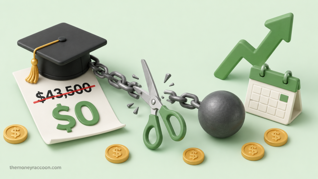 How to pay off student loans faster — graduation cap chained to a shrinking loan balance being cut