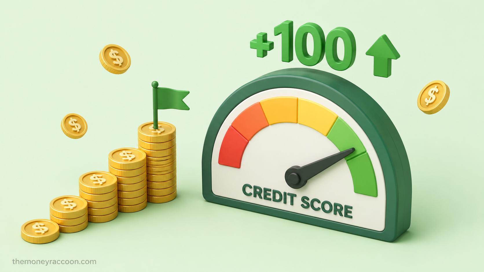 How to raise your credit score 100 points — credit gauge with coin stairs going up