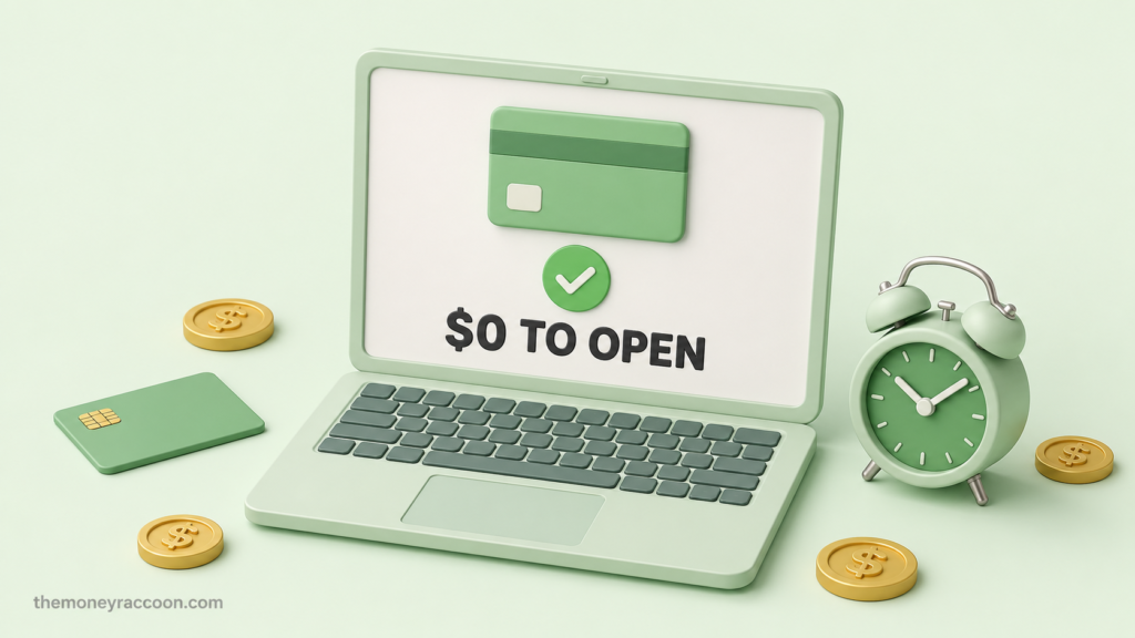 Open a bank account online with no deposit — laptop showing approved bank account with zero dollars required