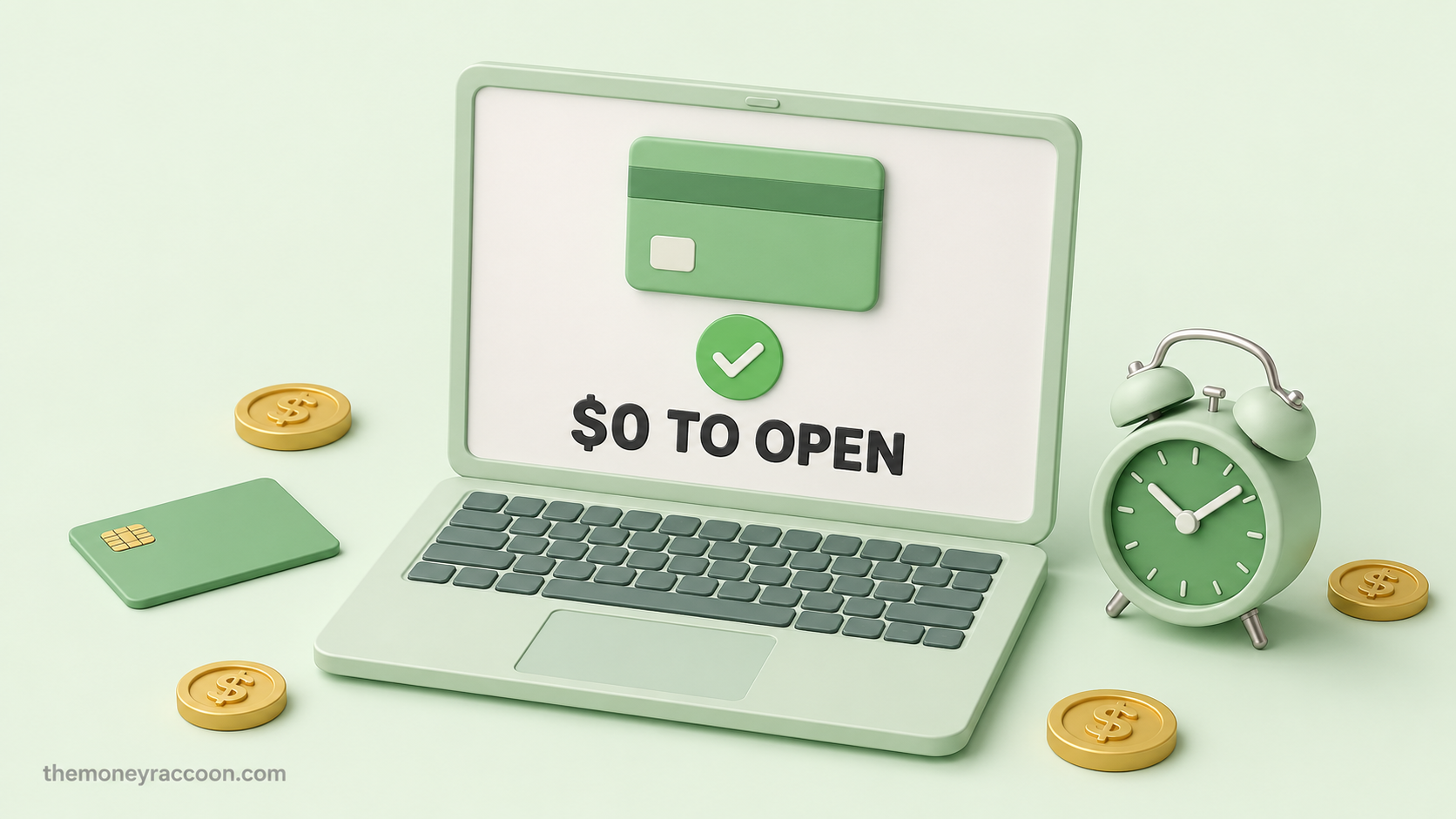 Open a bank account online with no deposit — laptop showing approved bank account with zero dollars required