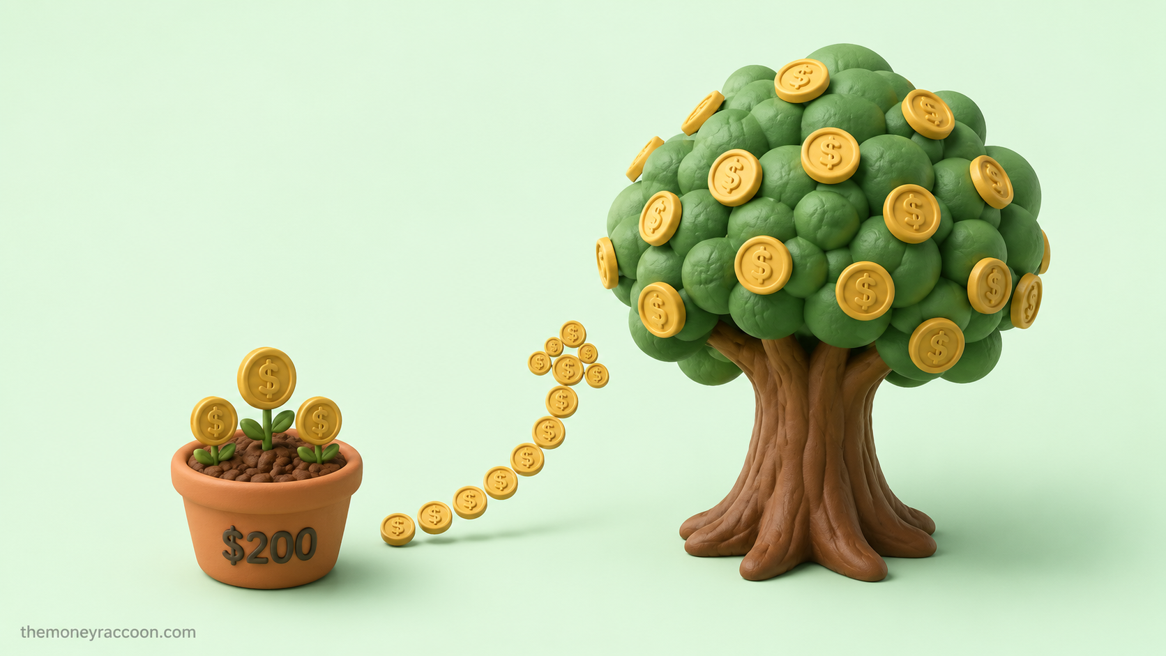200 a month invested for 20 years — coins growing into a large money tree with rising chart