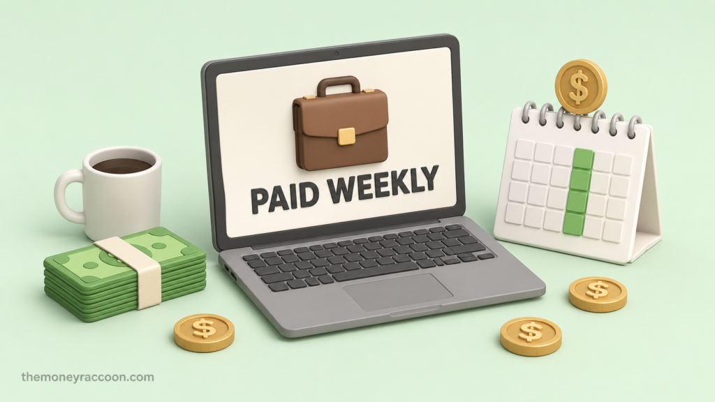 Online jobs that pay weekly — laptop with paycheck calendar showing weekly payday and coins