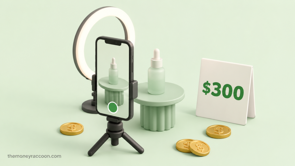 How to become a ugc creator — smartphone on a ring light filming a product with dollar signs
