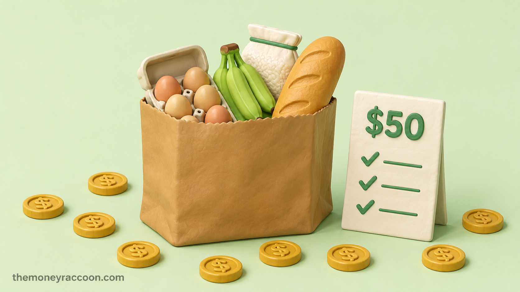$50-a-week grocery budget — grocery bag with affordable staples and a weekly meal plan list
