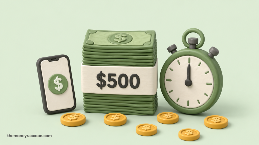 How to make 500 dollars fast — cash stack with stopwatch showing quick money methods
