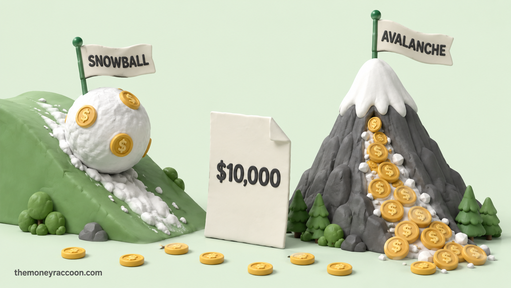 Debt snowball vs avalanche — snowball rolling over coins next to an avalanche mountain of debt
