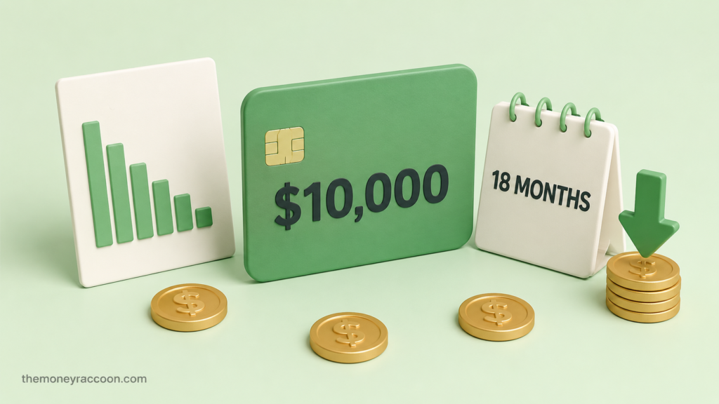 How to pay off 10000 in credit card debt — credit card and 18-month countdown calendar with shrinking balance