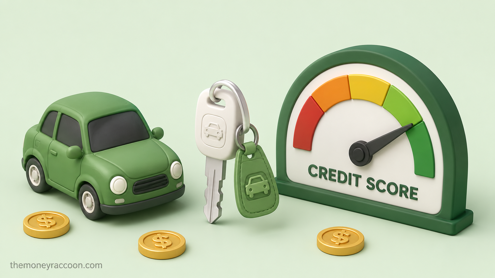 What credit score do you need to buy a car — car key beside a credit score gauge and loan rate chart