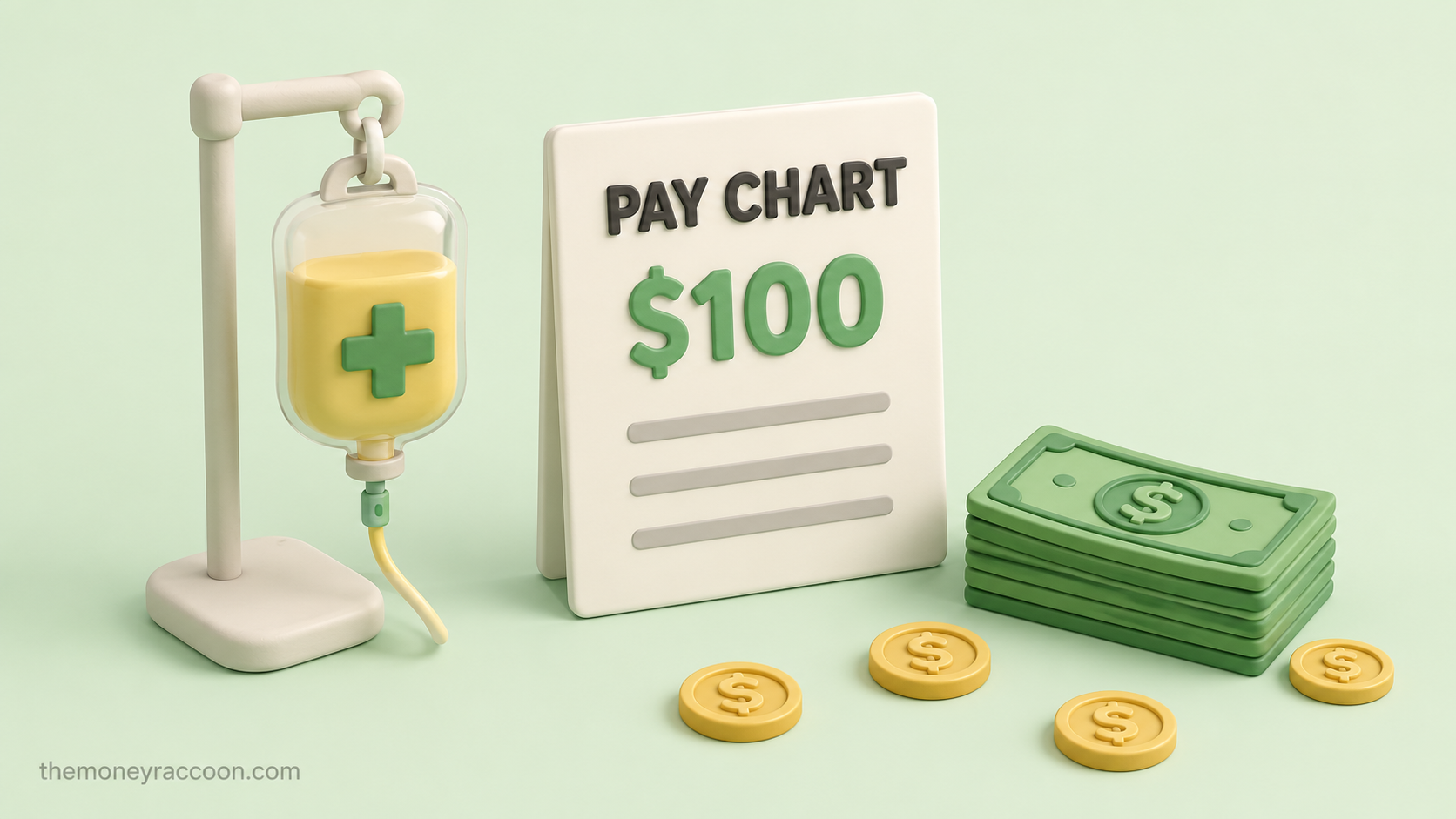 How much do you make donating plasma — plasma bag next to 2026 pay chart showing $100 per visit