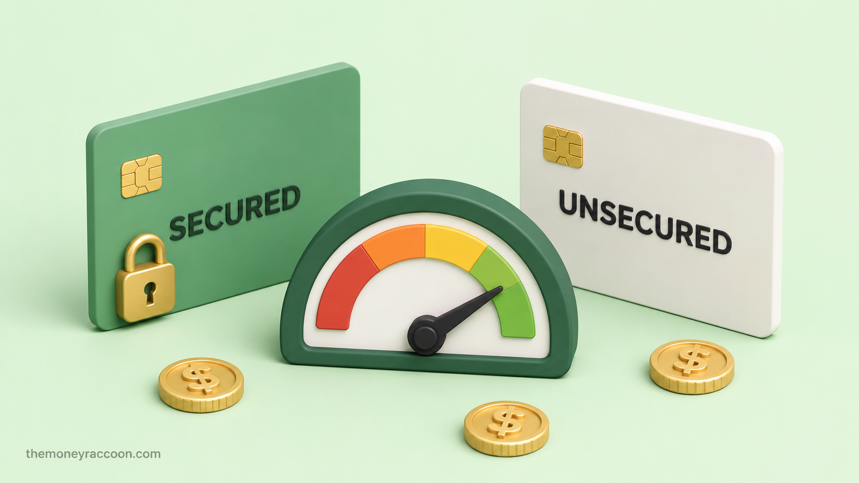 Secured vs unsecured credit card — two credit cards side by side with a deposit lock and a score gauge