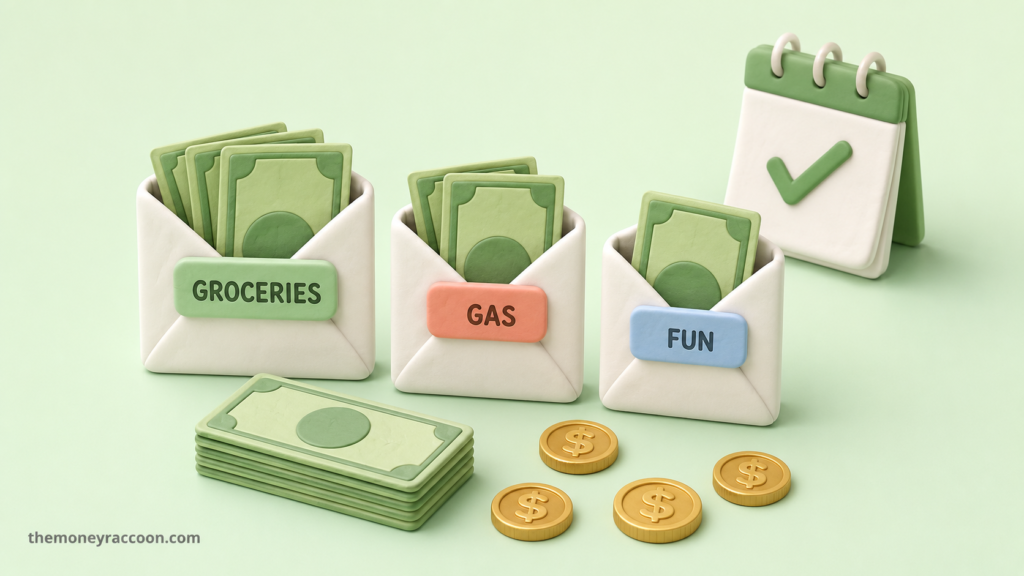 Cash envelope system — labeled budget envelopes with cash for groceries, gas and fun money