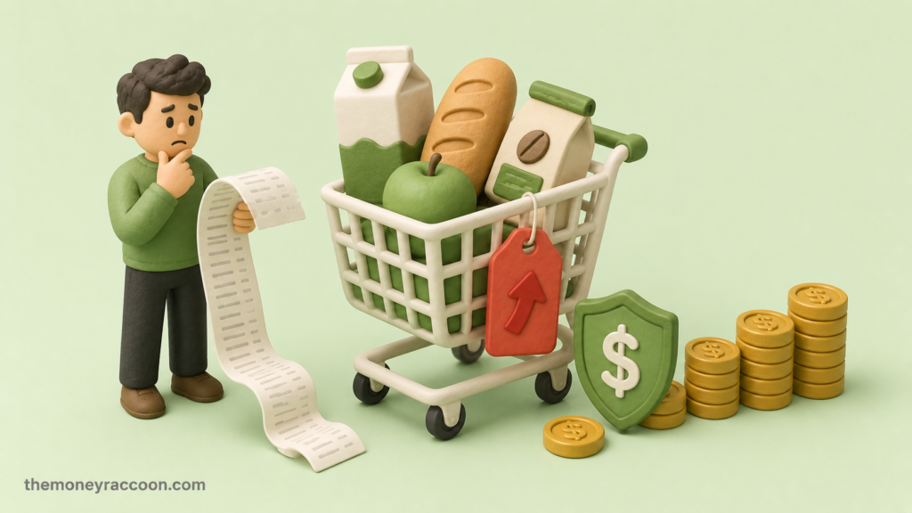Why are groceries so expensive — shopping cart with rising price arrow over grocery items