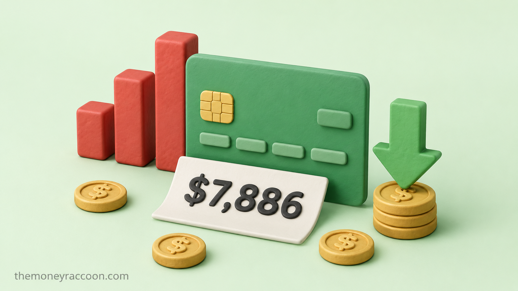 Average credit card debt — credit card next to a rising debt chart and shrinking balance