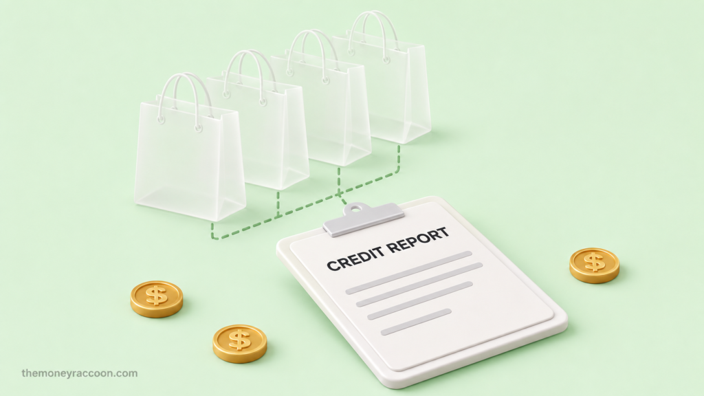 Phantom debt — invisible shopping bags stacked behind a credit report that cannot see them
