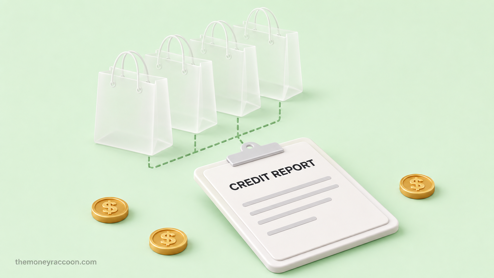Phantom debt — invisible shopping bags stacked behind a credit report that cannot see them