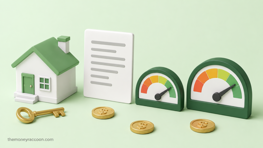 Vantagescore 4.0 mortgage — house key beside two credit score gauges representing competing score models