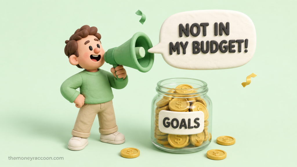 Loud budgeting — person proudly announcing their savings goal through a megaphone